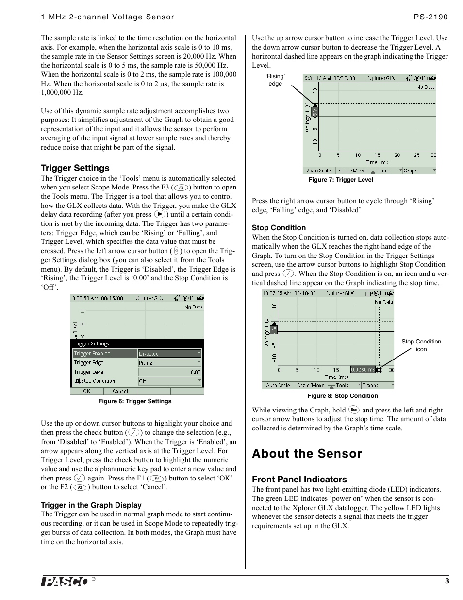 About the sensor, Trigger settings, Front panel indicators | PASCO PS-2190 1 MHz 2-channel Voltage Sensor User Manual | Page 3 / 4