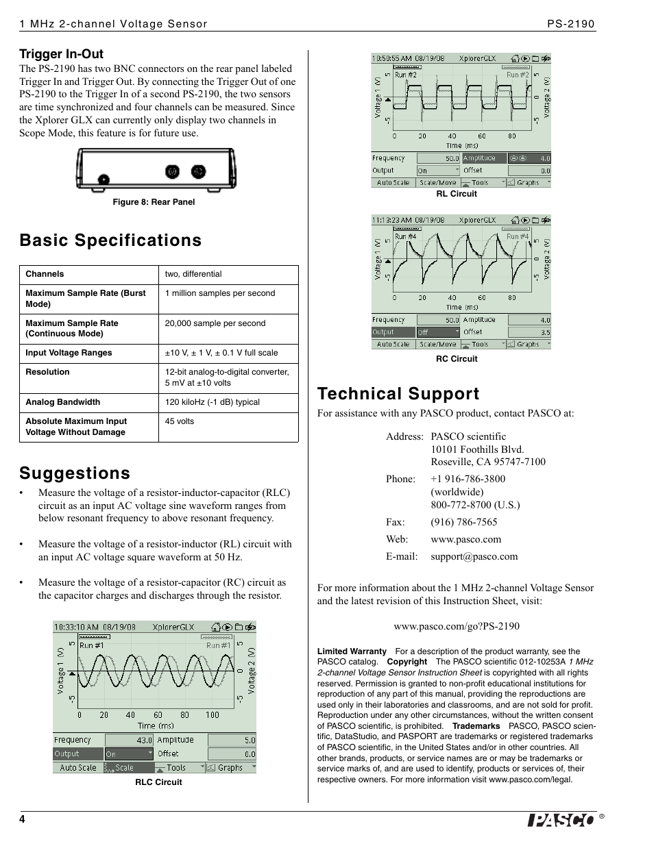 Basic specifications suggestions, Technical support, Trigger in-out | PASCO PS-2190 1 MHz 2-channel Voltage Sensor User Manual | Page 4 / 4