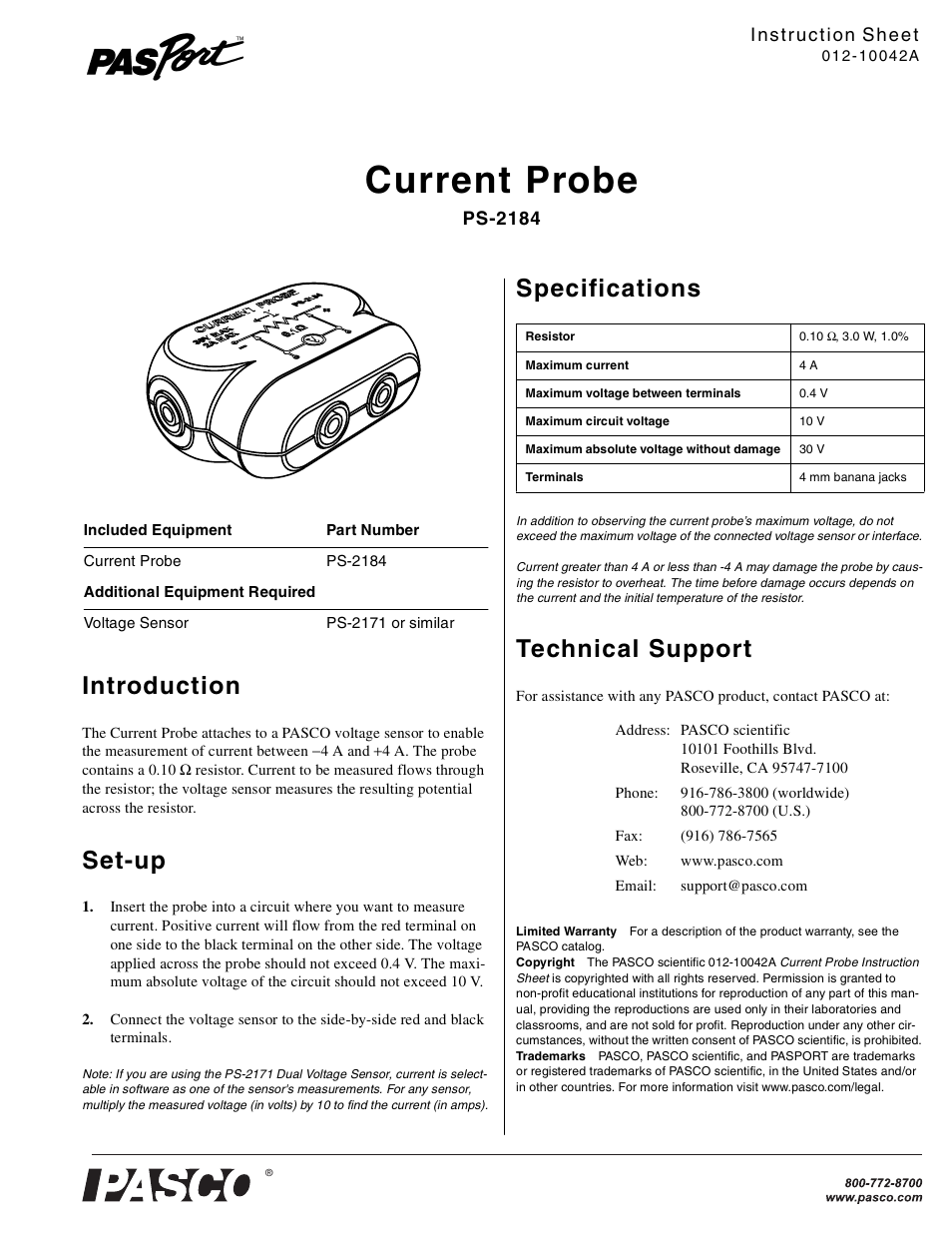 PASCO PS-2184 Current Probe User Manual | 1 page