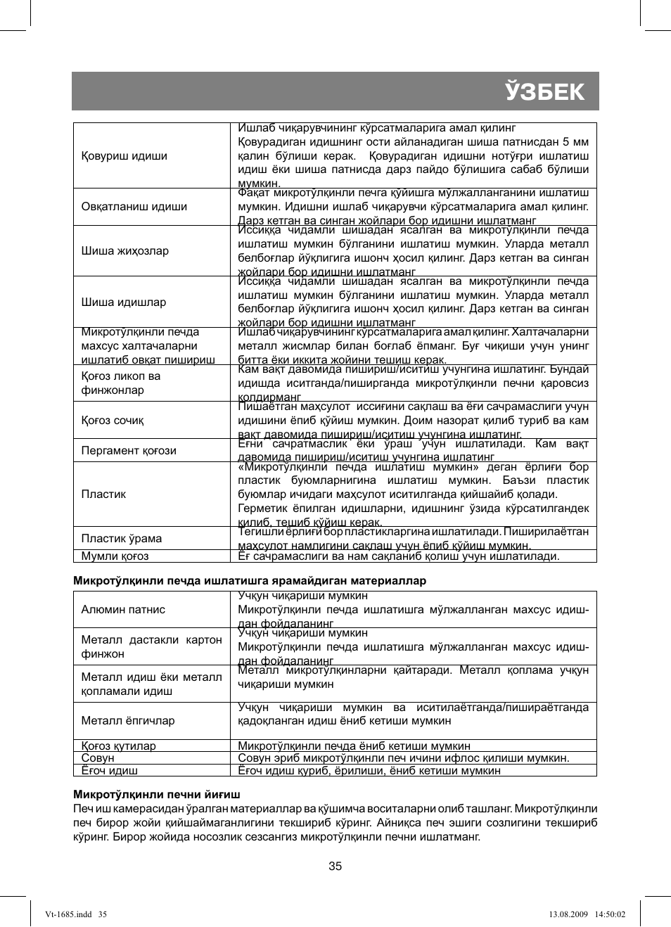 Ўзбек | Vitek VT-1685 User Manual | Page 35 / 40