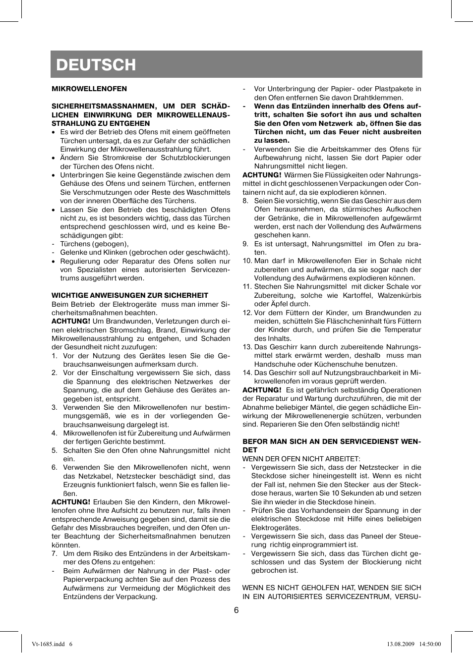 Deutsch | Vitek VT-1685 User Manual | Page 6 / 40