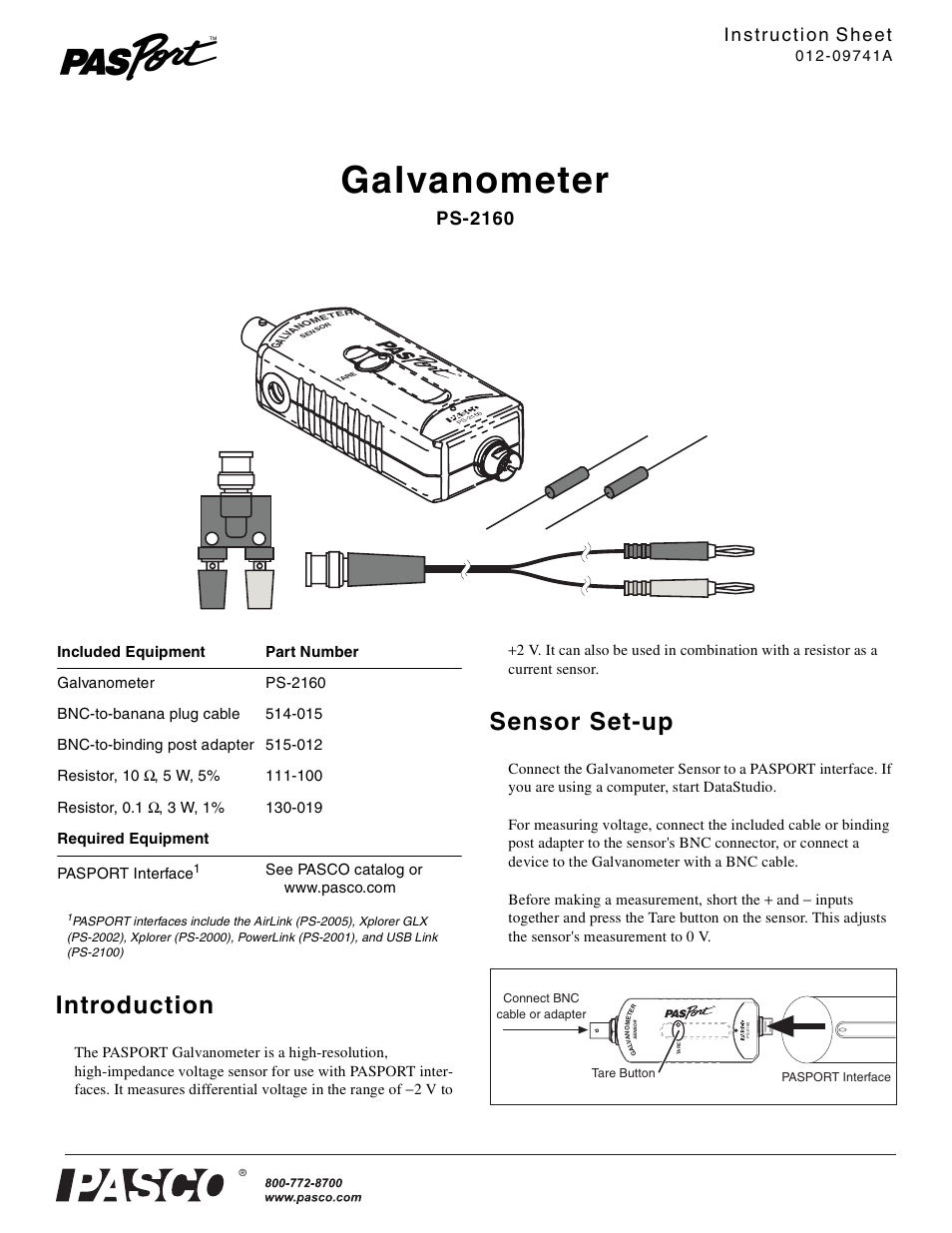 PASCO PS-2160 Galvanometer User Manual | 3 pages