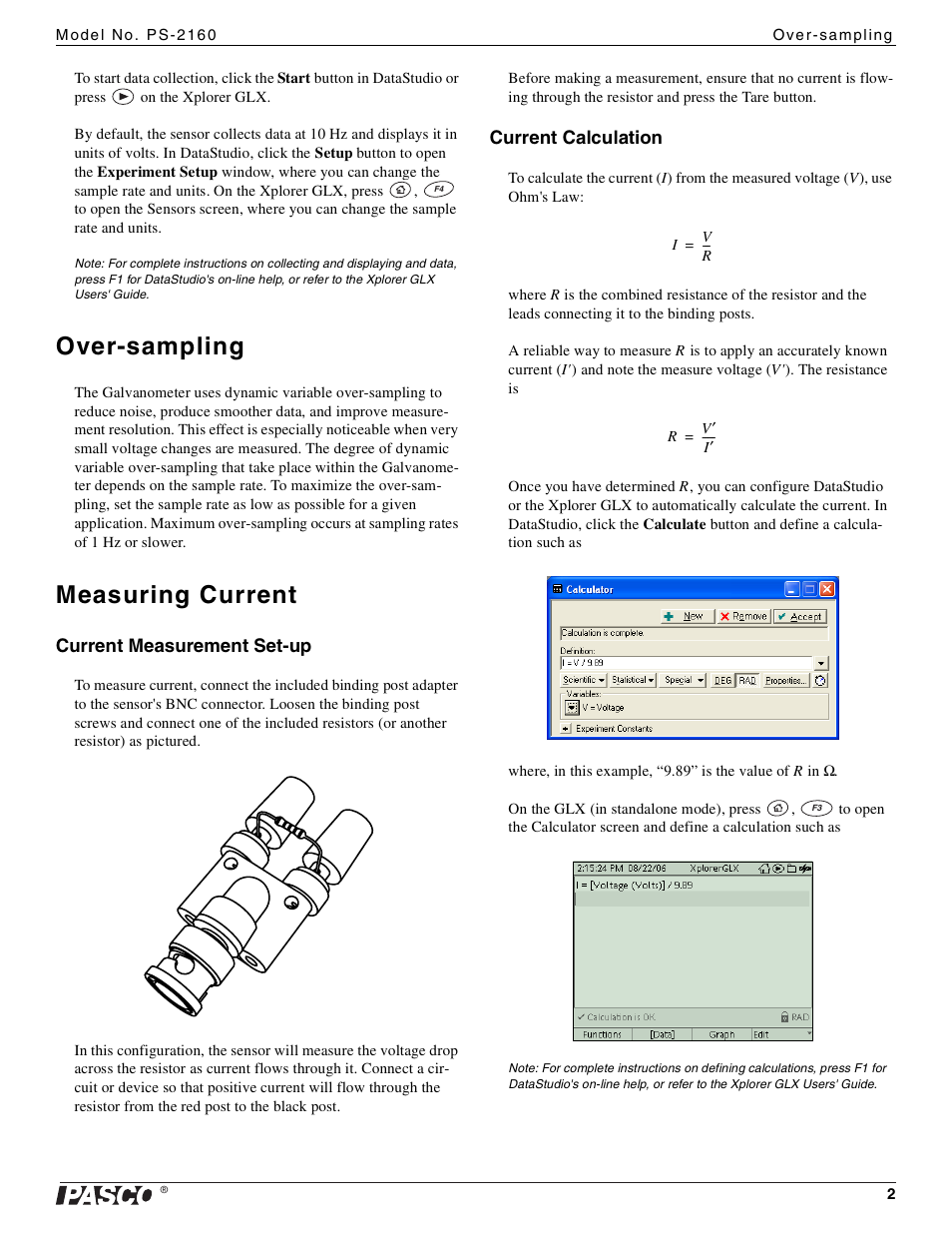 Over-sampling, Measuring current | PASCO PS-2160 Galvanometer User Manual | Page 2 / 3