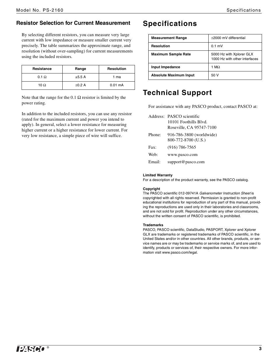 Specifications technical support, Resistor selection for current measurement | PASCO PS-2160 Galvanometer User Manual | Page 3 / 3