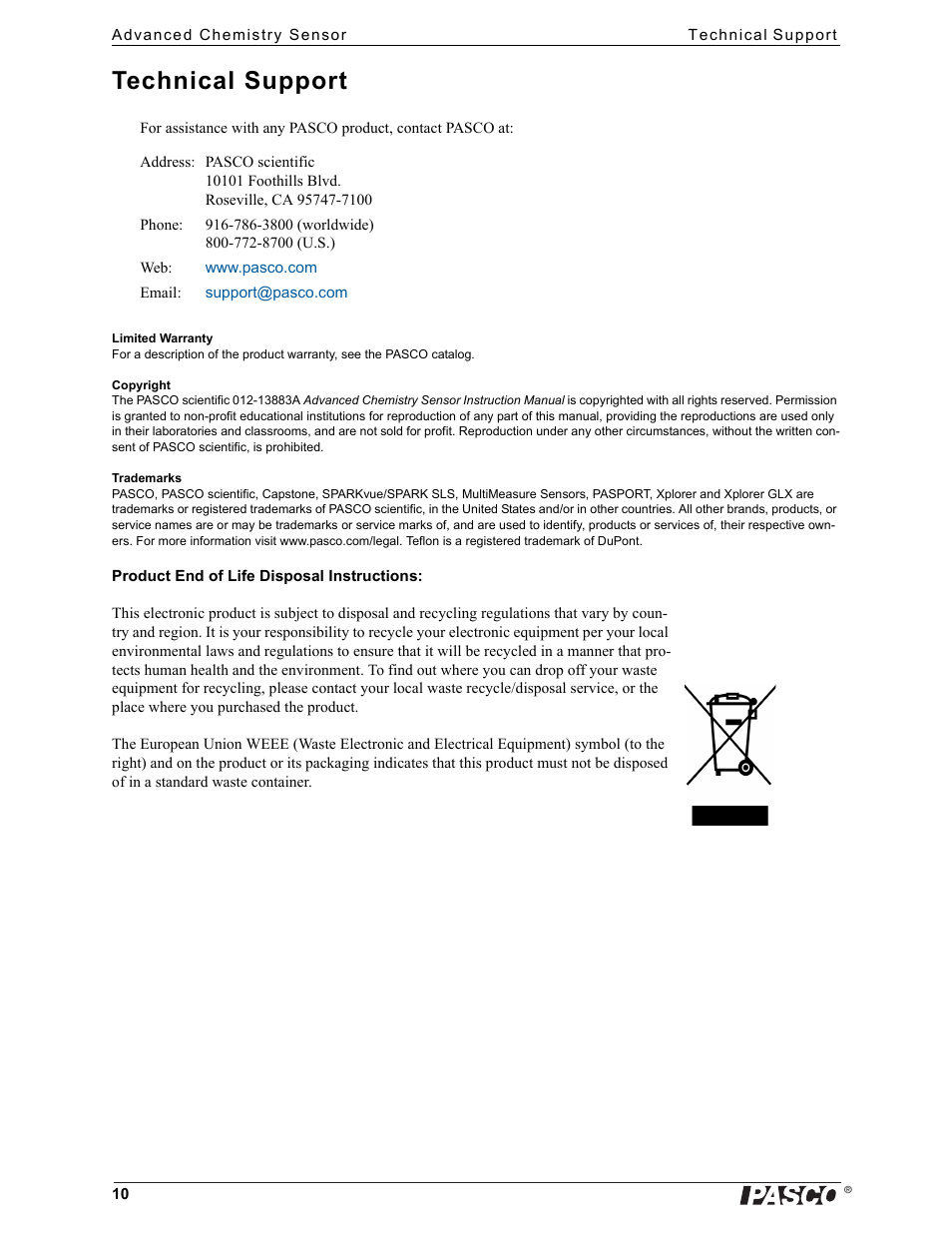 Technical support | PASCO PS-2172 Advanced Chemistry Sensor User Manual | Page 10 / 10