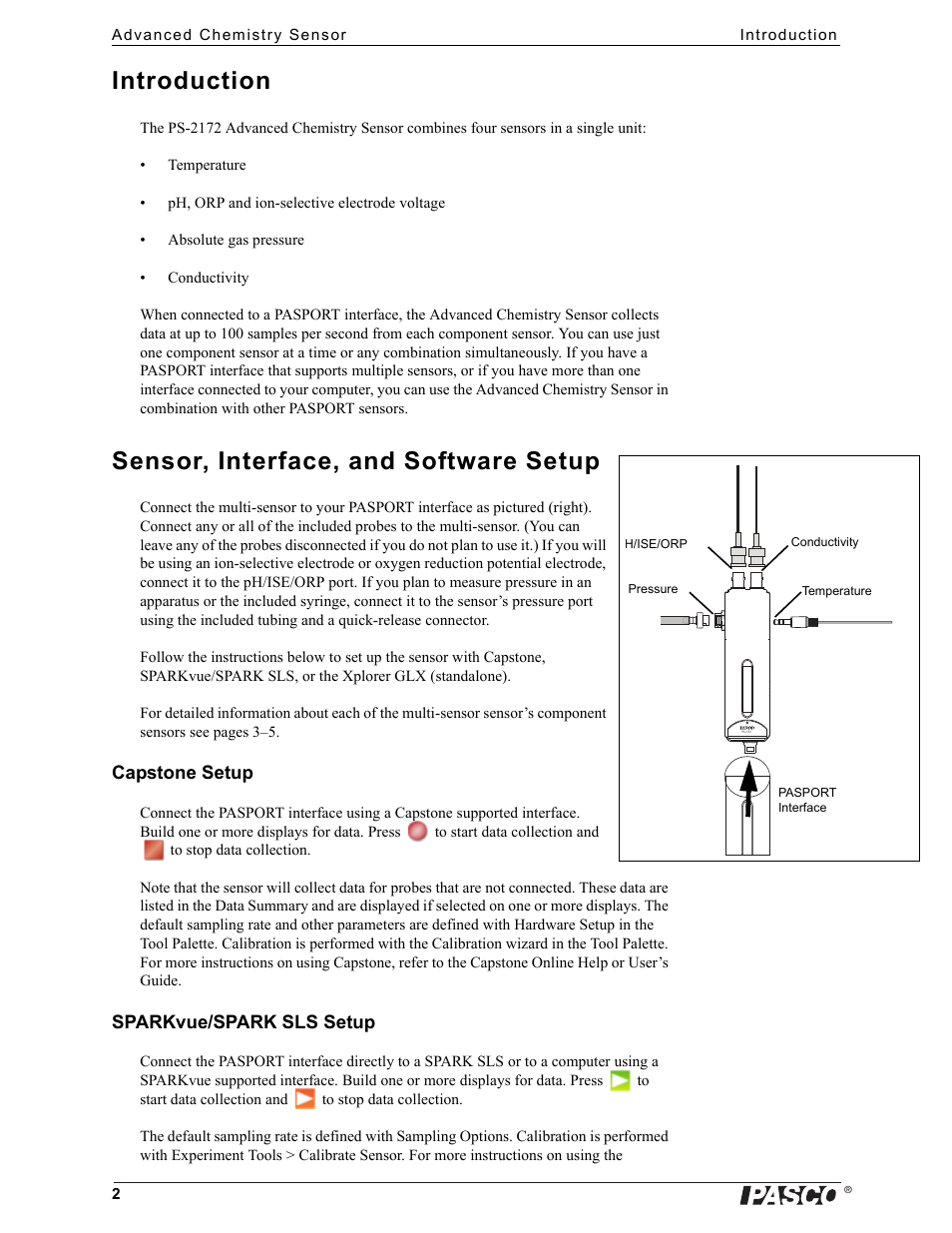 Introduction, Sensor, interface, and software setup, Capstone setup | Sparkvue/spark sls setup | PASCO PS-2172 Advanced Chemistry Sensor User Manual | Page 2 / 10
