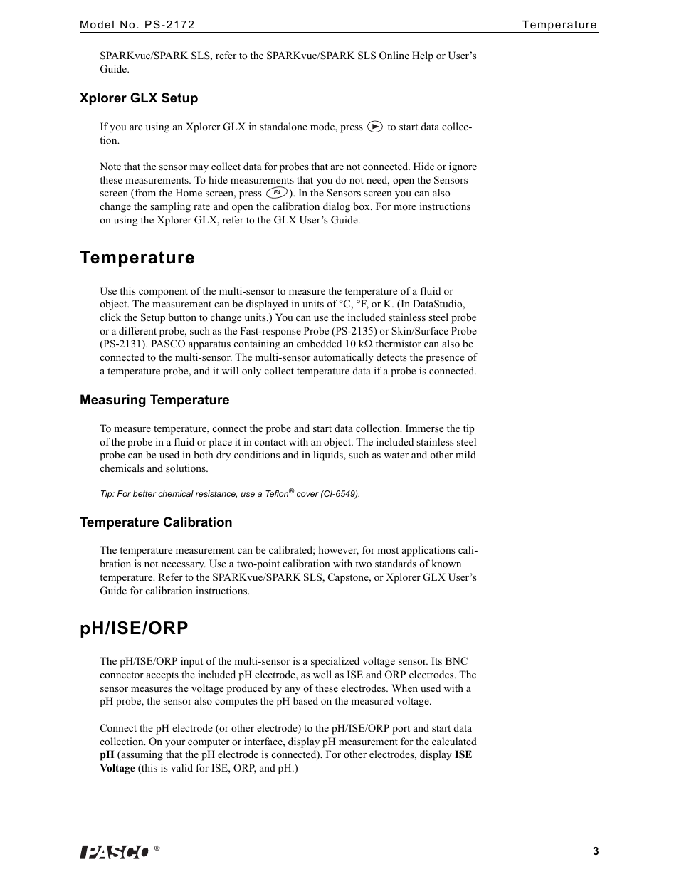Xplorer glx setup, Temperature, Measuring temperature | Temperature calibration, Ph/ise/orp | PASCO PS-2172 Advanced Chemistry Sensor User Manual | Page 3 / 10