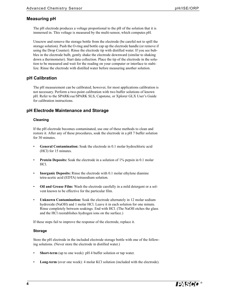 Measuring ph, Ph calibration, Ph electrode maintenance and storage | PASCO PS-2172 Advanced Chemistry Sensor User Manual | Page 4 / 10