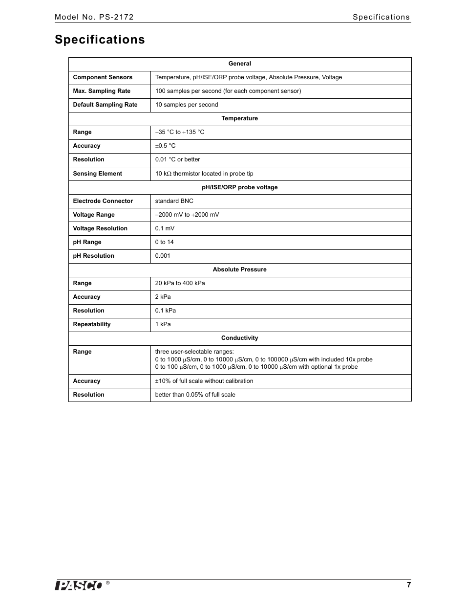 Specifications | PASCO PS-2172 Advanced Chemistry Sensor User Manual | Page 7 / 10