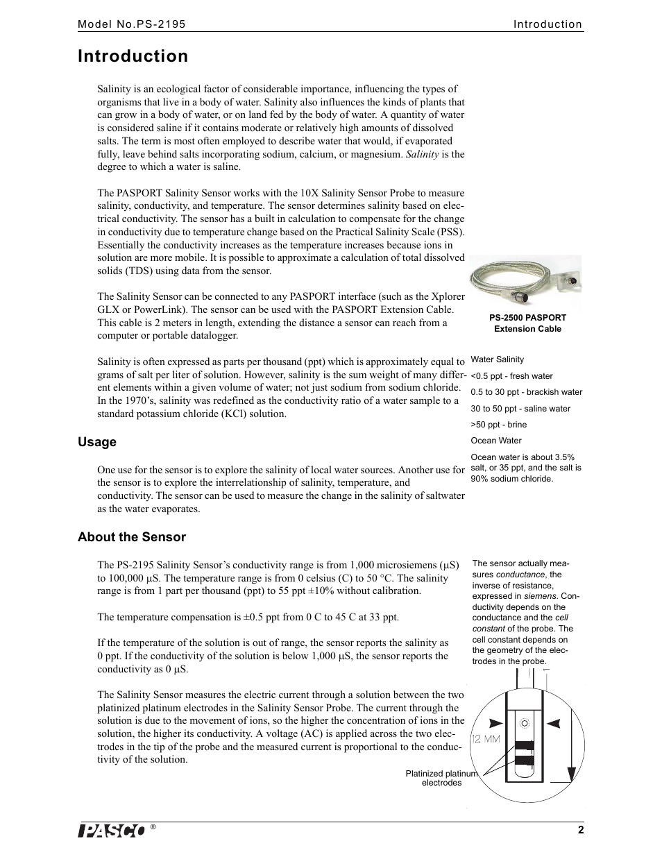 Introduction, Usage, About the sensor | PASCO PS-2195 Salinity Sensor User Manual | Page 2 / 10