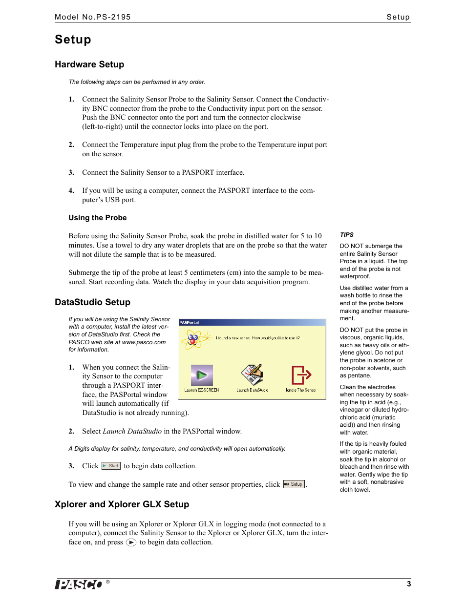 Setup | PASCO PS-2195 Salinity Sensor User Manual | Page 3 / 10