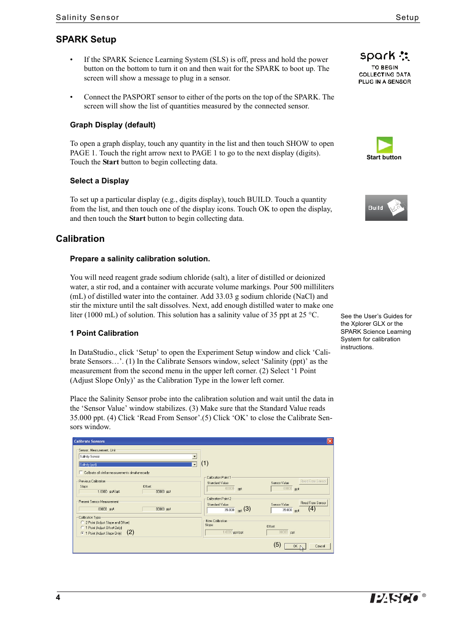 Spark setup, Calibration | PASCO PS-2195 Salinity Sensor User Manual | Page 4 / 10