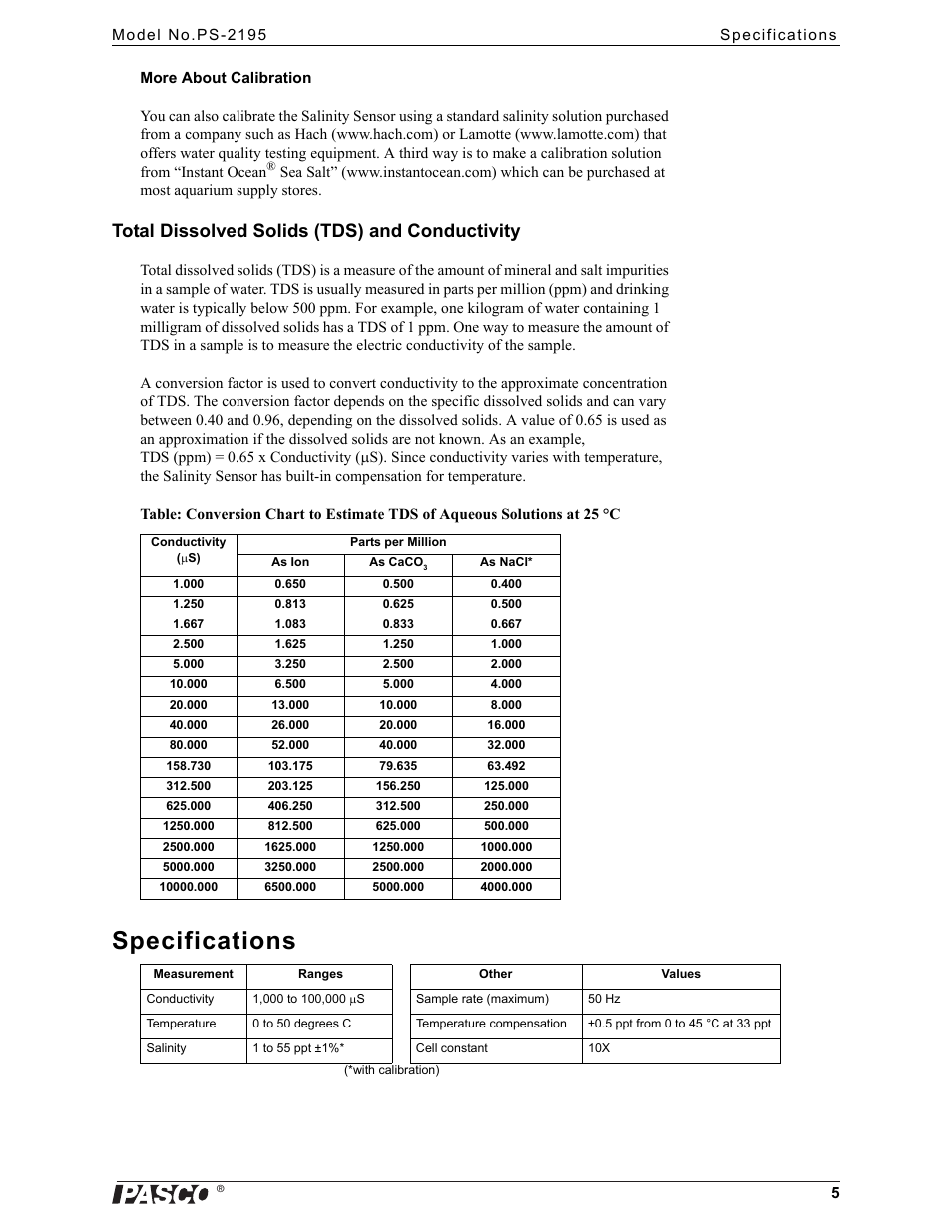 Specifications, Total dissolved solids (tds) and conductivity | PASCO PS-2195 Salinity Sensor User Manual | Page 5 / 10