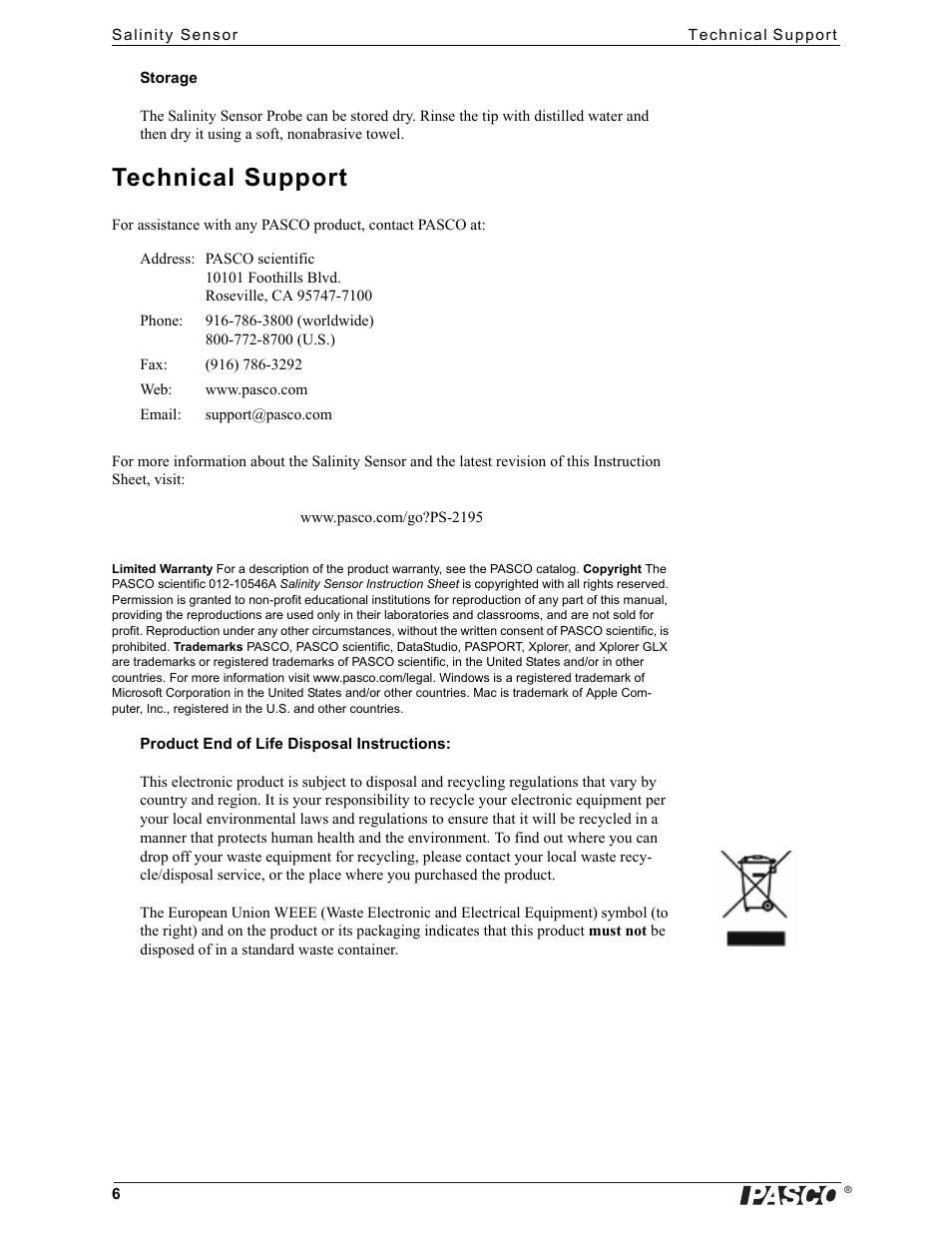 Technical support | PASCO PS-2195 Salinity Sensor User Manual | Page 6 / 10