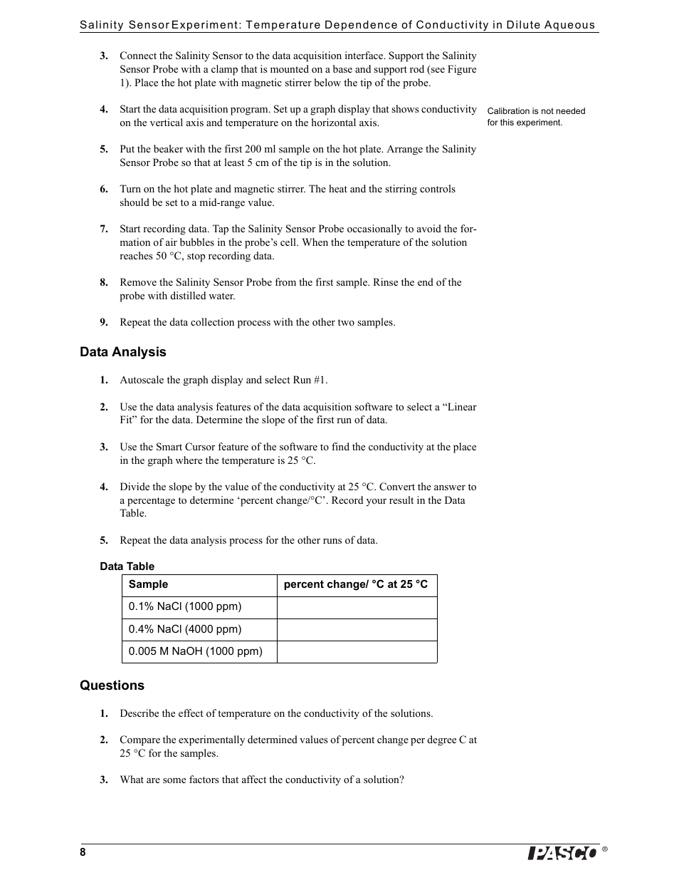 PASCO PS-2195 Salinity Sensor User Manual | Page 8 / 10