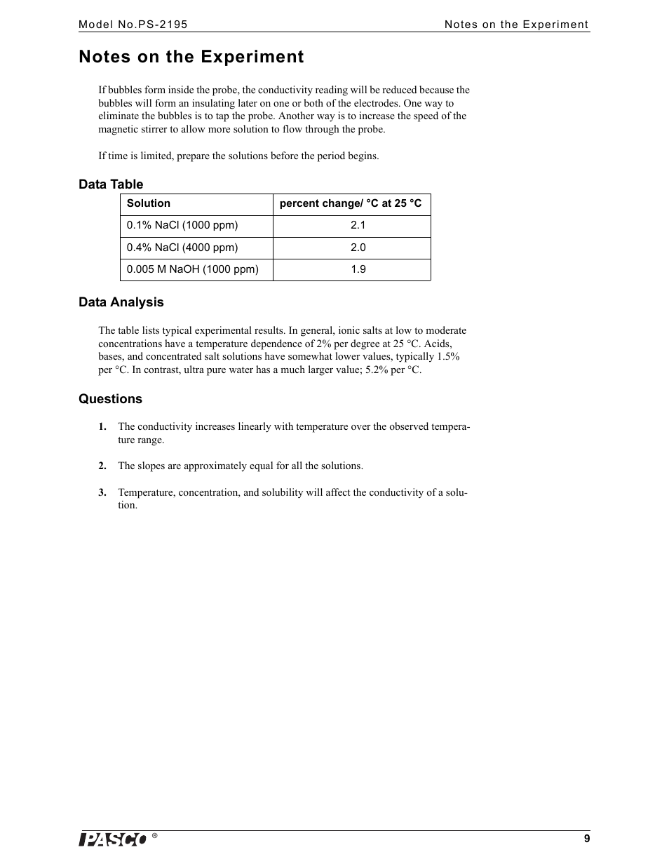 Notes on the experiment | PASCO PS-2195 Salinity Sensor User Manual | Page 9 / 10
