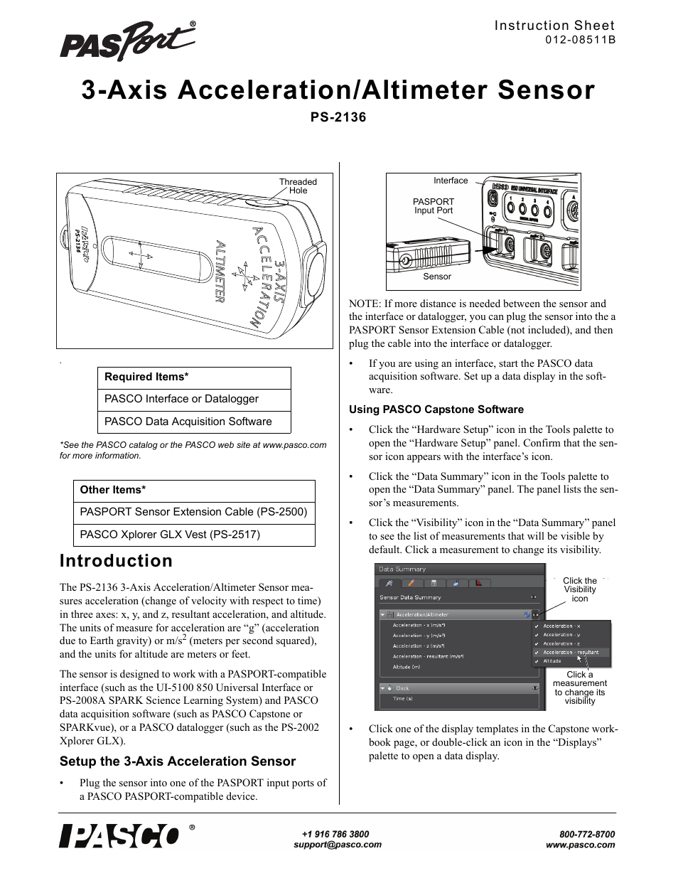 PASCO PS-2136 3-Axis Acceleration_Altimeter Sensor User Manual | 4 pages