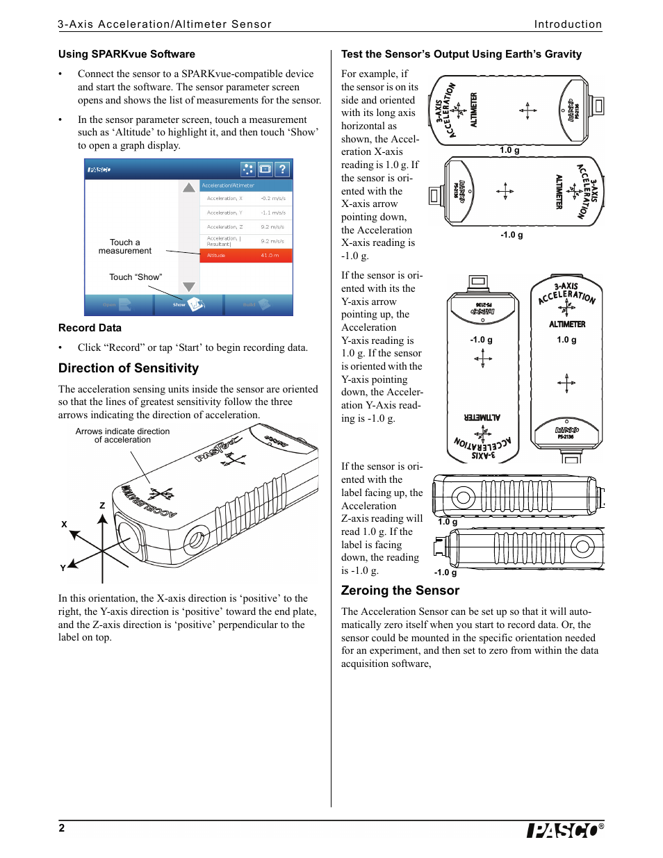 Direction of sensitivity, Zeroing the sensor | PASCO PS-2136 3-Axis Acceleration_Altimeter Sensor User Manual | Page 2 / 4