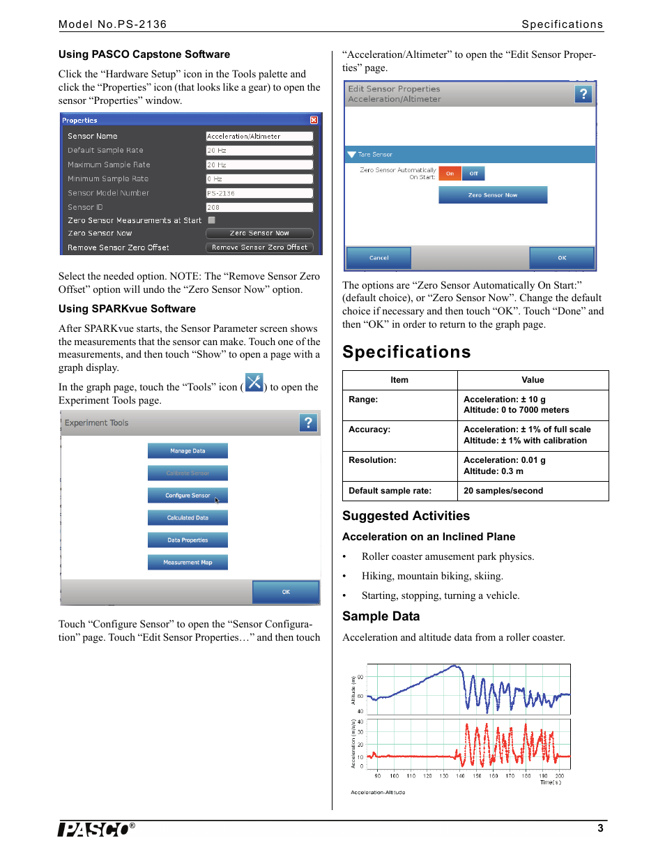 Specifications, Suggested activities, Sample data | PASCO PS-2136 3-Axis Acceleration_Altimeter Sensor User Manual | Page 3 / 4