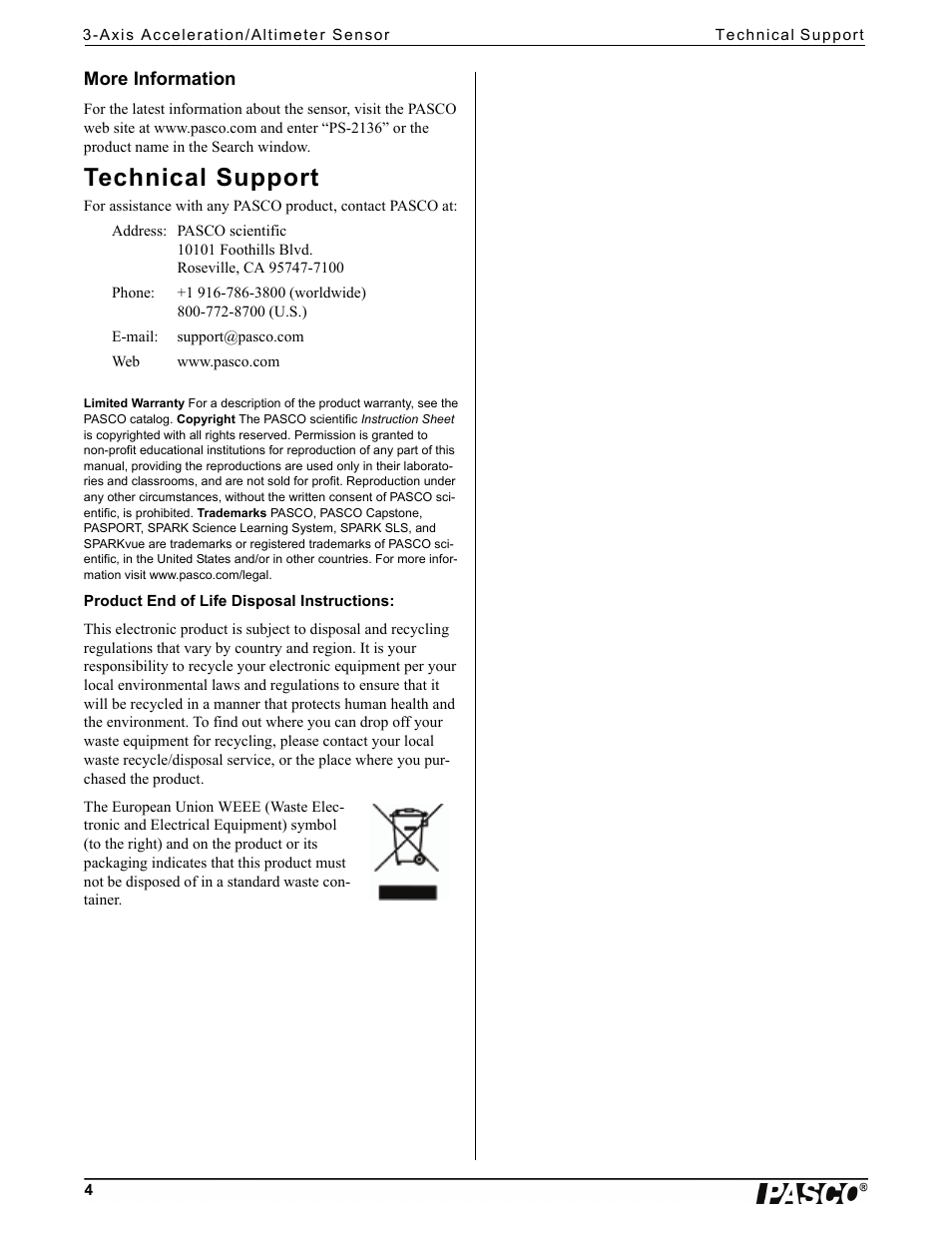 More information, Technical support | PASCO PS-2136 3-Axis Acceleration_Altimeter Sensor User Manual | Page 4 / 4