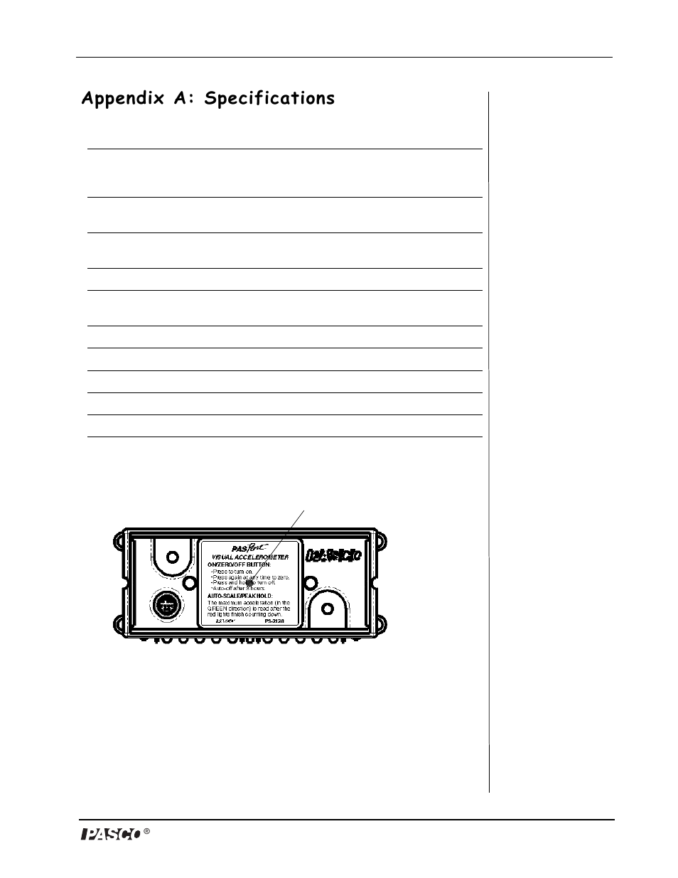 Appendix a: specifications | PASCO PS-2128 Visual Accelerometer User Manual | Page 20 / 24