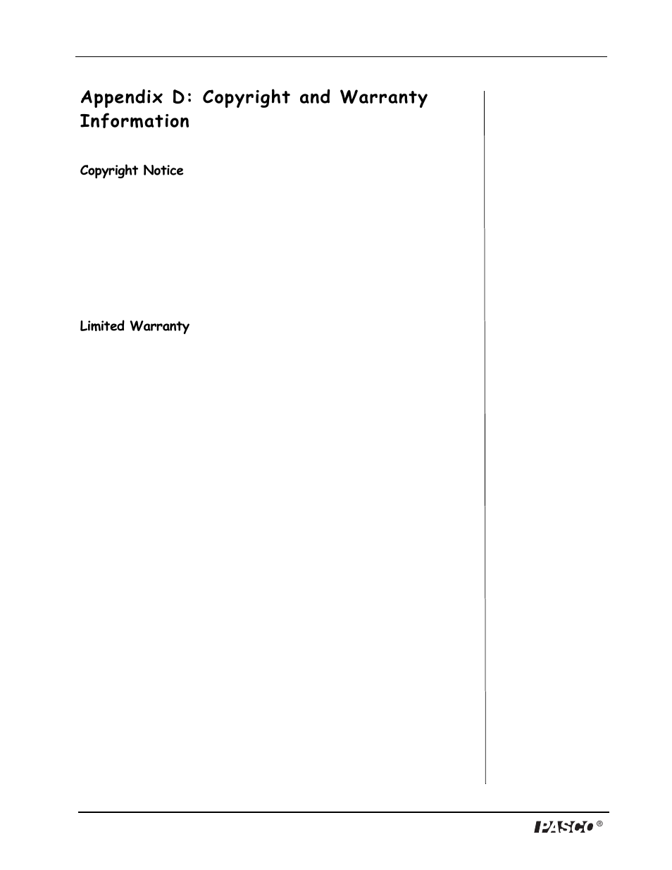 Appendix d: copyright and warranty information | PASCO PS-2128 Visual Accelerometer User Manual | Page 23 / 24