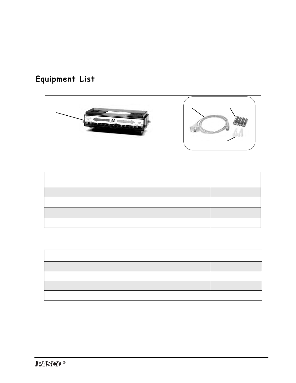 Visual accelerometer, Equipment list | PASCO PS-2128 Visual Accelerometer User Manual | Page 4 / 24