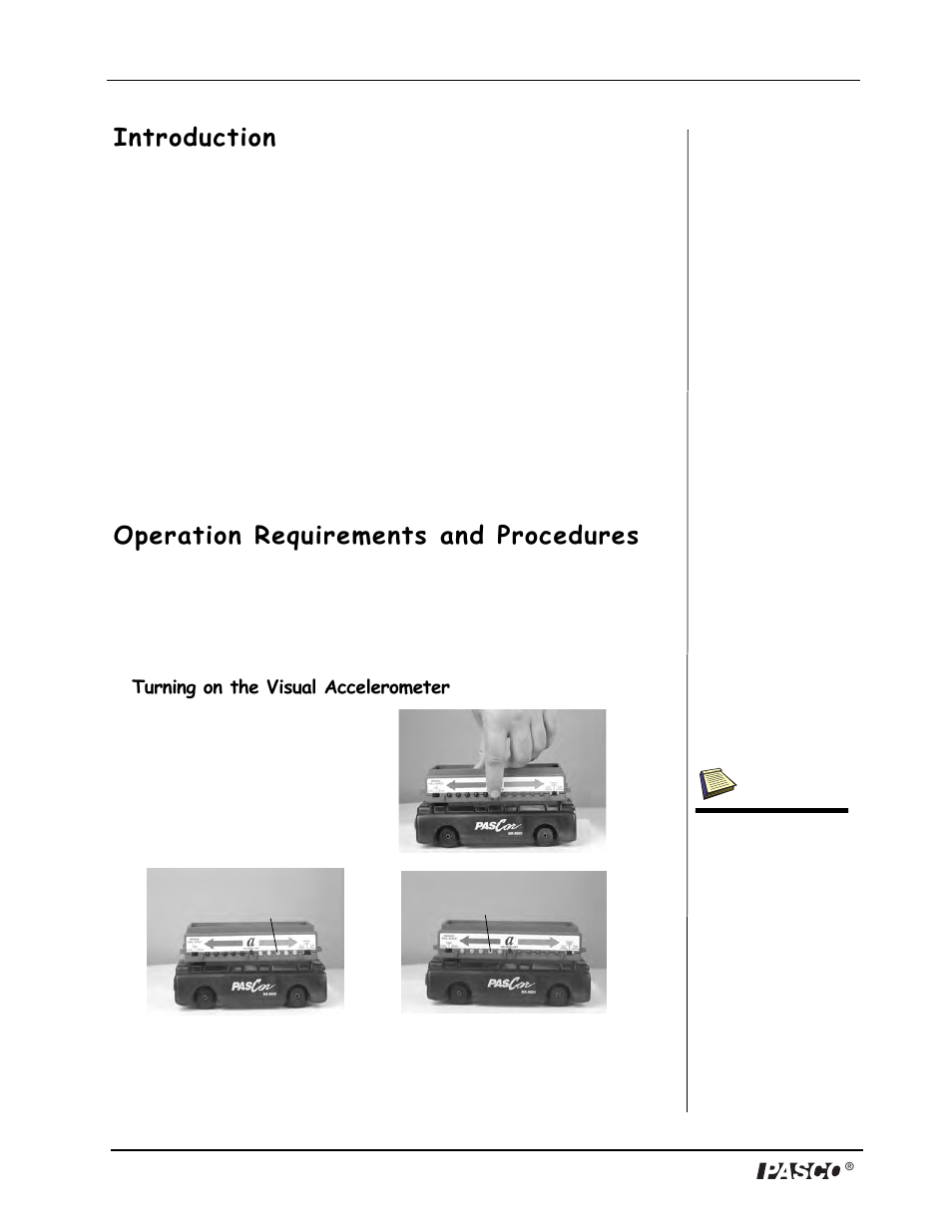 Introduction, Operation requirements and procedures | PASCO PS-2128 Visual Accelerometer User Manual | Page 5 / 24