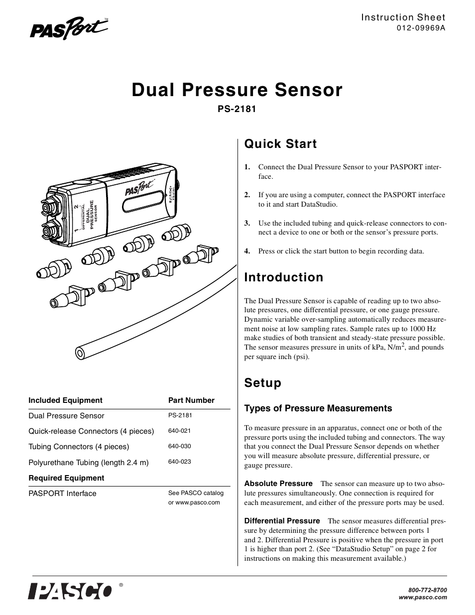 PASCO PS-2181 Dual Pressure Sensor User Manual | 3 pages