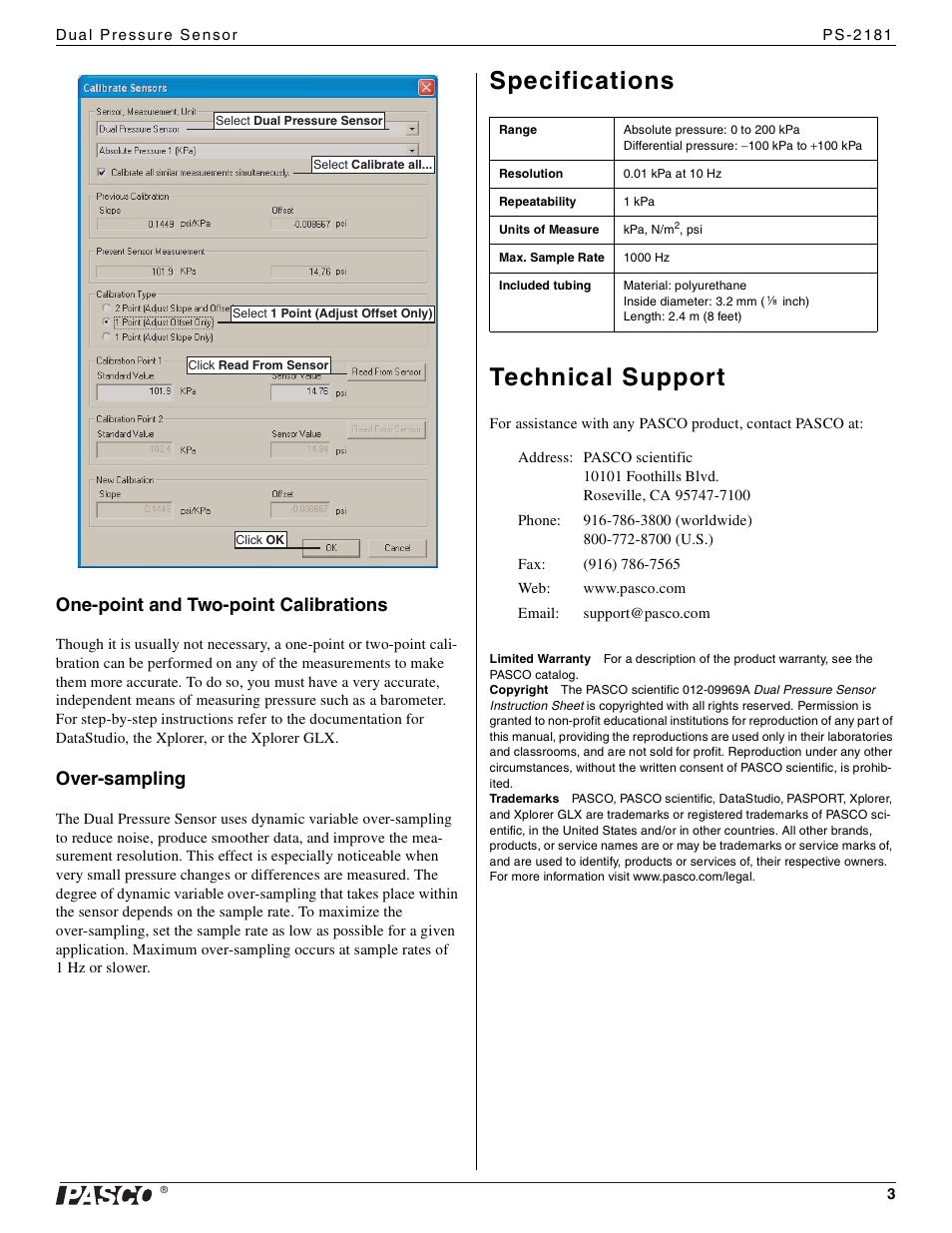 Specifications technical support, One-point and two-point calibrations, Over-sampling | PASCO PS-2181 Dual Pressure Sensor User Manual | Page 3 / 3