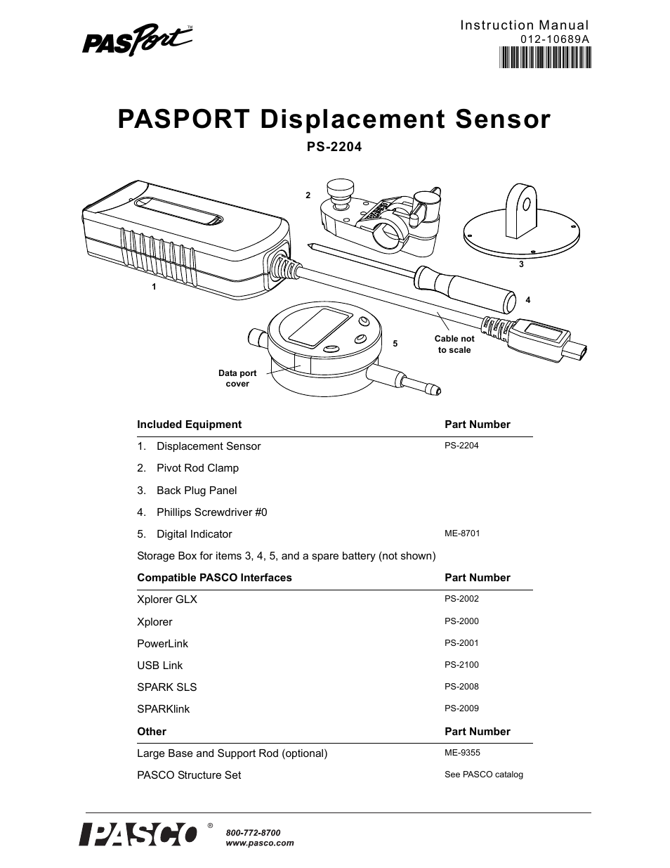 PASCO PS-2204 Displacement Sensor User Manual | 6 pages