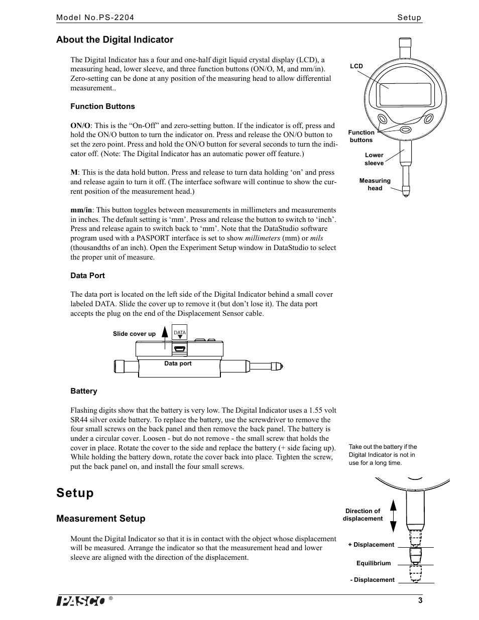 Setup, About the digital indicator, Measurement setup | PASCO PS-2204 Displacement Sensor User Manual | Page 3 / 6