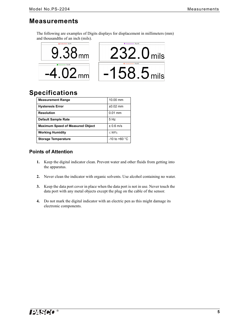 Measurements, Specifications, Points of attention | PASCO PS-2204 Displacement Sensor User Manual | Page 5 / 6