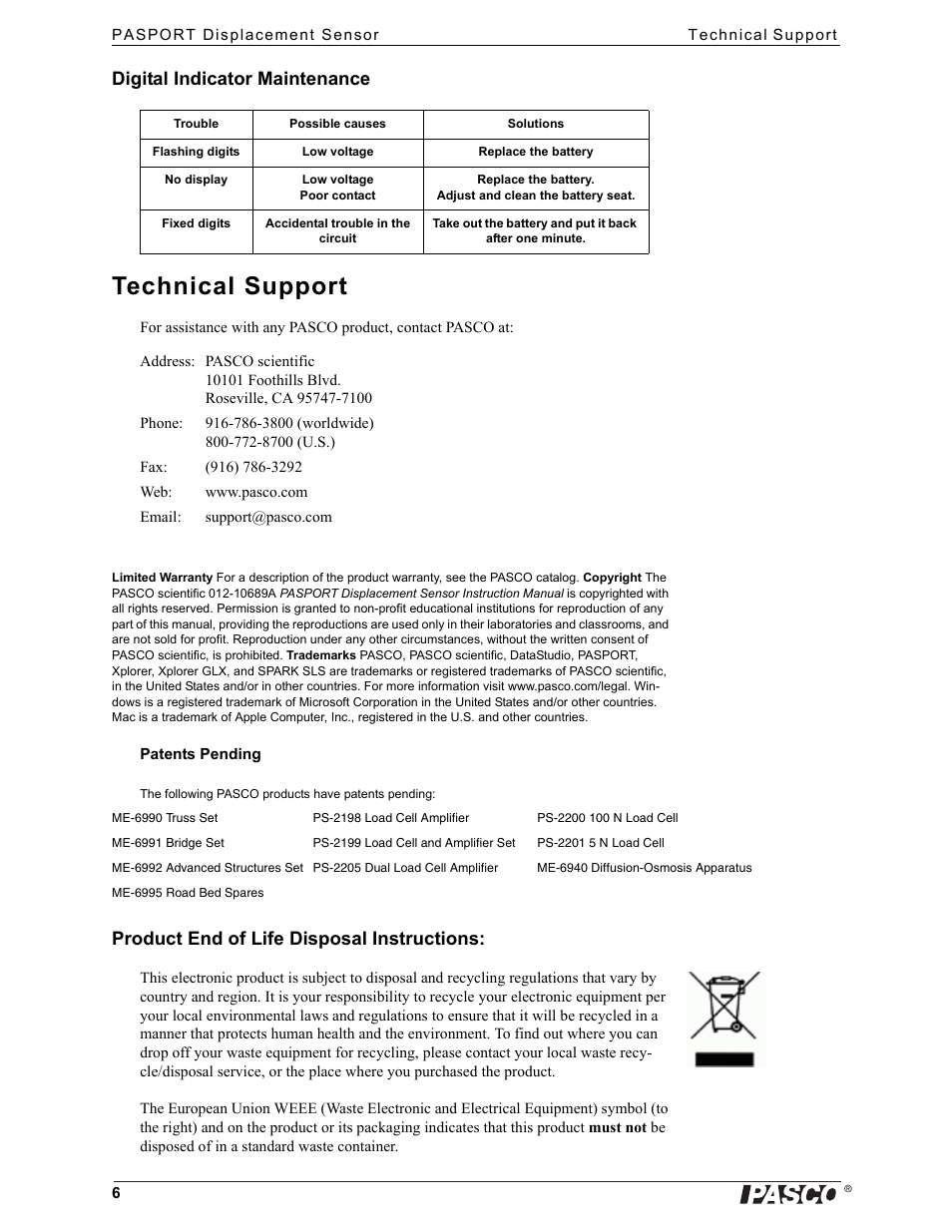 Technical support, Digital indicator maintenance, Product end of life disposal instructions | PASCO PS-2204 Displacement Sensor User Manual | Page 6 / 6