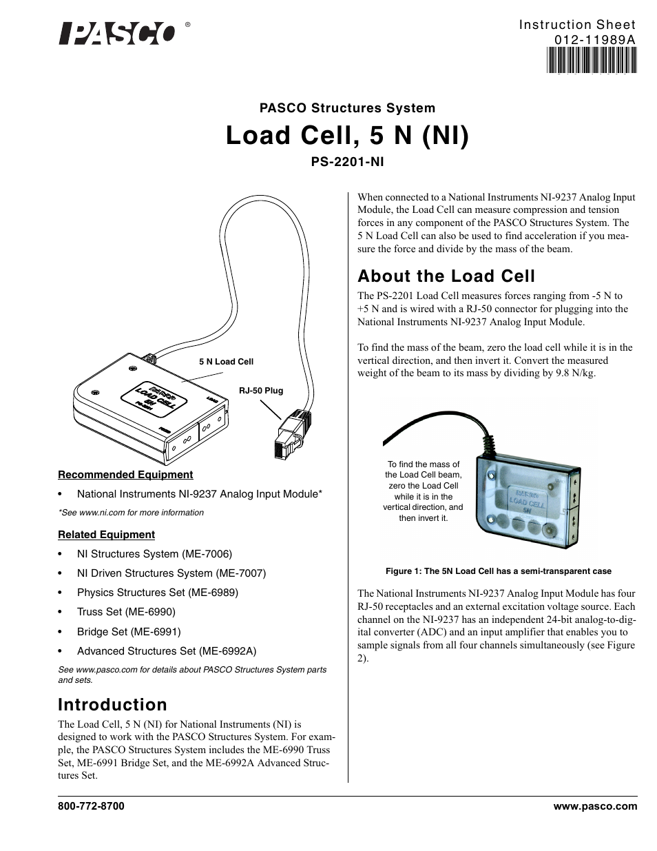 PASCO PS-2201-NI Load Cell, 5 N (NI) User Manual | 4 pages