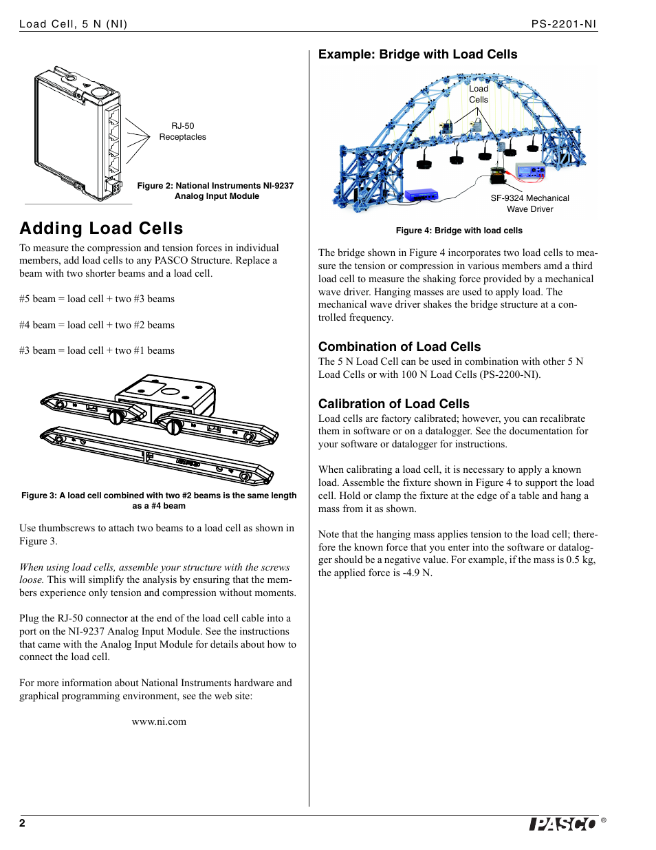 Adding load cells, Example: bridge with load cells, Combination of load cells | Calibration of load cells | PASCO PS-2201-NI Load Cell, 5 N (NI) User Manual | Page 2 / 4