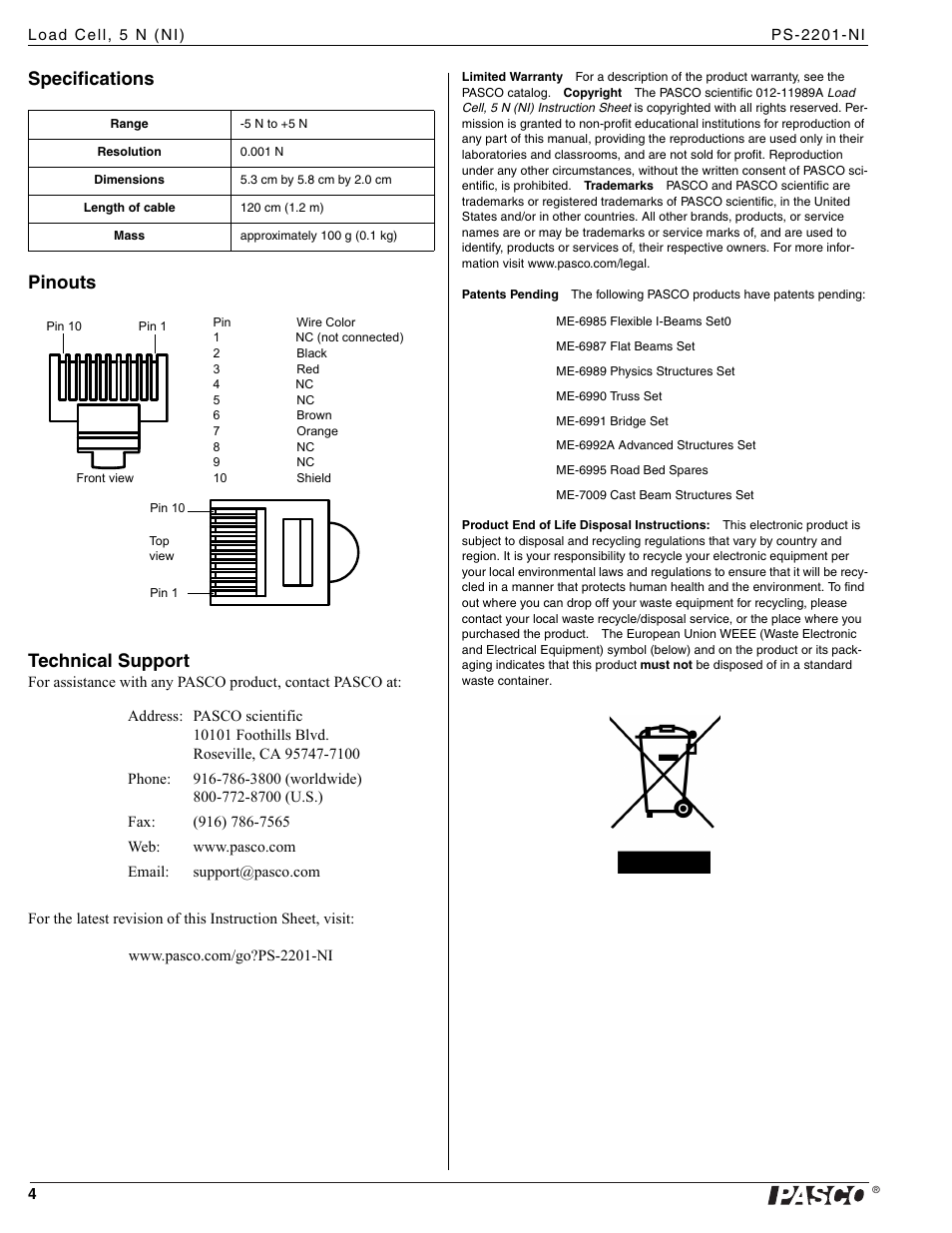 Specifications pinouts technical support | PASCO PS-2201-NI Load Cell, 5 N (NI) User Manual | Page 4 / 4