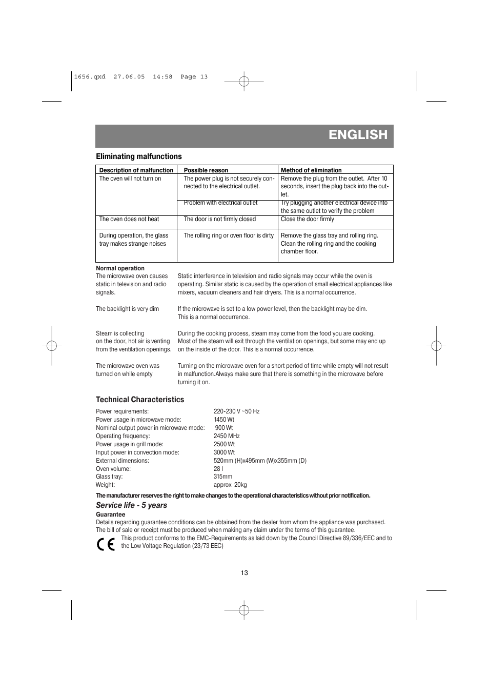 English, Technical characteristics, Service life 5 years | Eliminating malfunctions | Vitek VT-1656 User Manual | Page 13 / 56