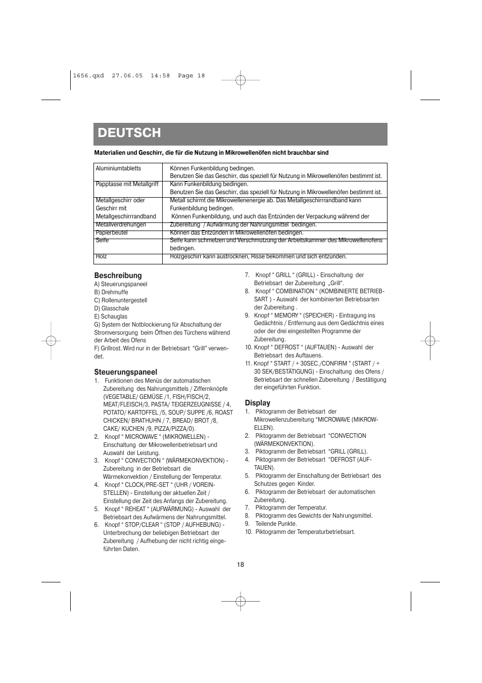 Deutsch, Beschreibung, Steuerungspaneel | Display | Vitek VT-1656 User Manual | Page 18 / 56