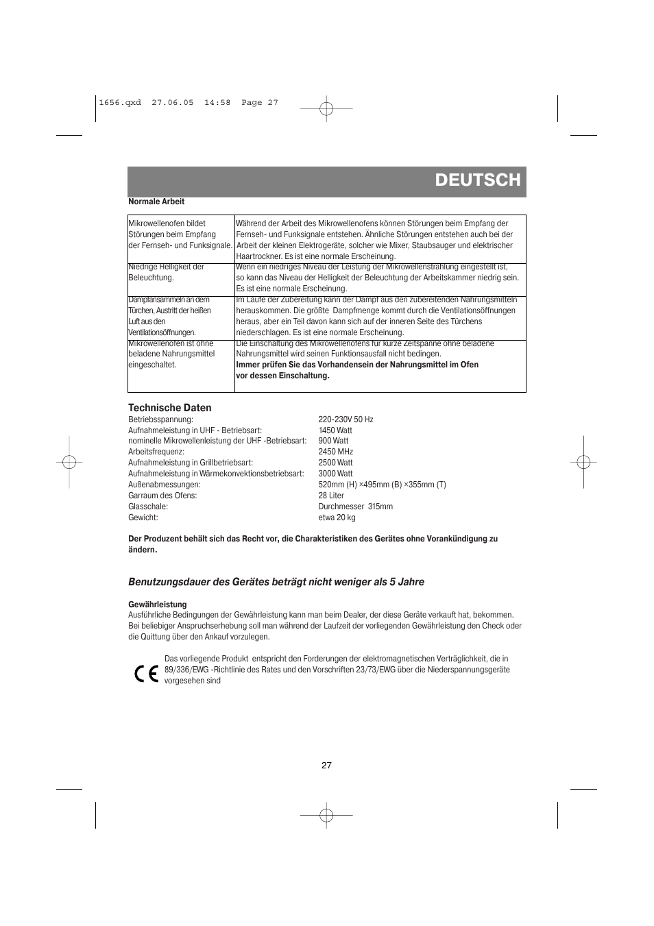 Deutsch, Technische daten | Vitek VT-1656 User Manual | Page 27 / 56