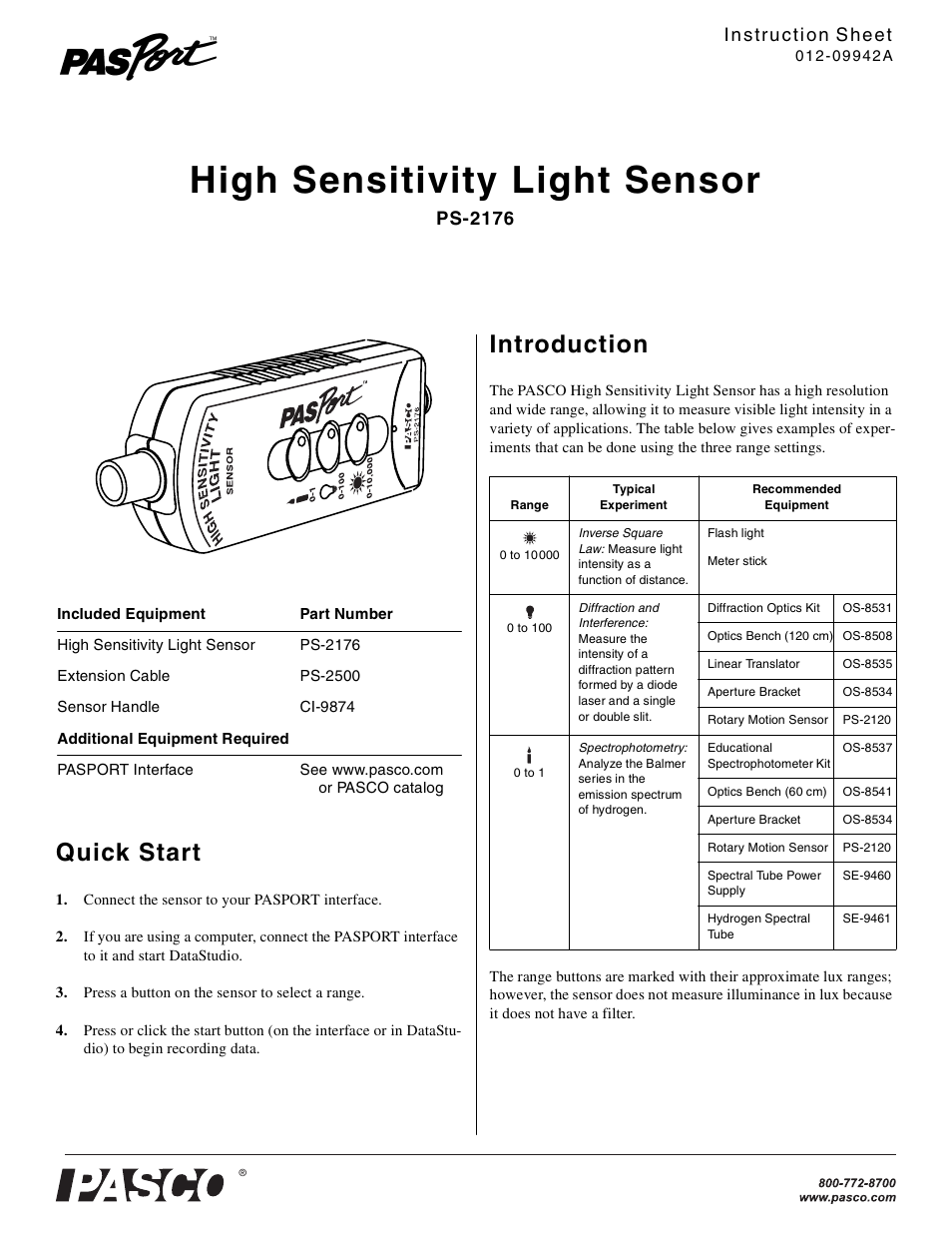 PASCO PS-2176 High Sensitivity Light Sensor User Manual | 3 pages