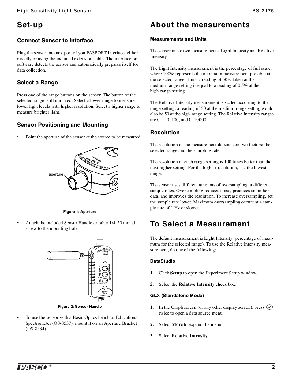 Set-up, About the measurements | PASCO PS-2176 High Sensitivity Light Sensor User Manual | Page 2 / 3