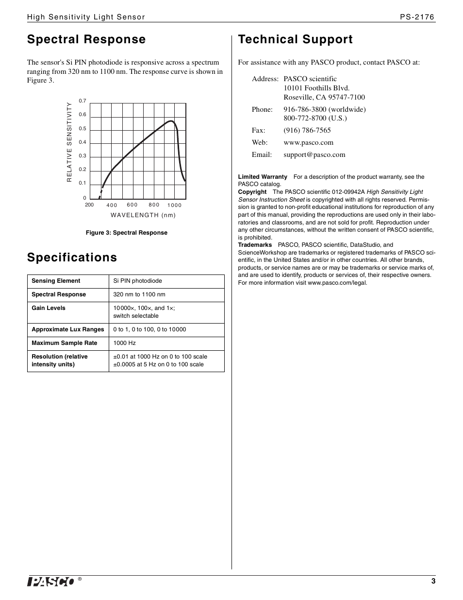 Spectral response, Specifications technical support | PASCO PS-2176 High Sensitivity Light Sensor User Manual | Page 3 / 3