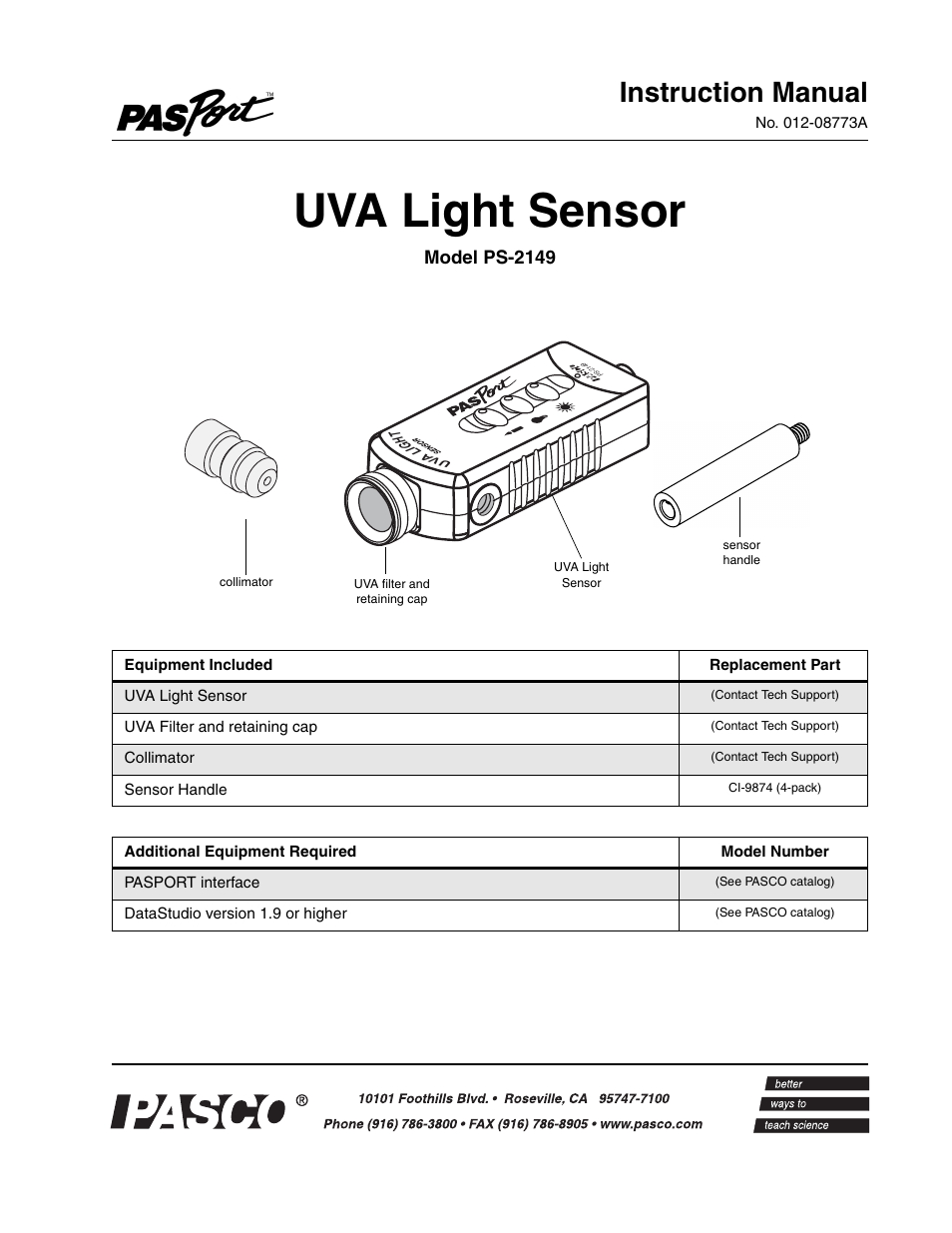 PASCO PS-2149 UVA Light Sensor User Manual | 4 pages