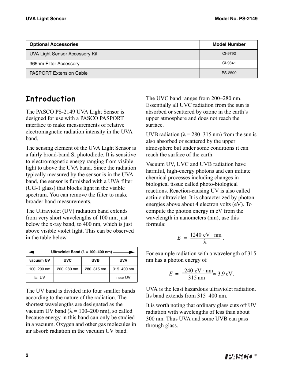 Introduction | PASCO PS-2149 UVA Light Sensor User Manual | Page 2 / 4