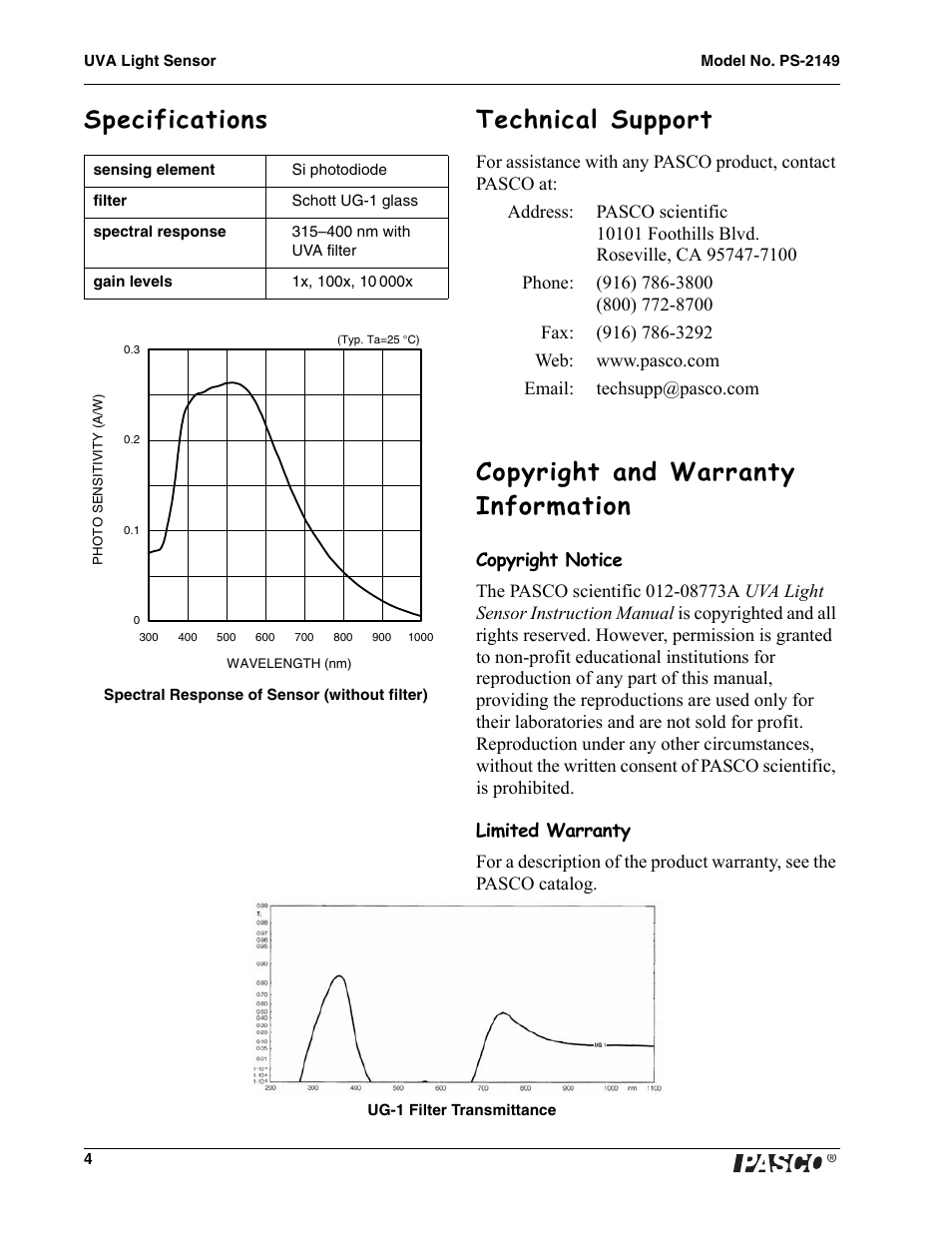 Specifications, Technical support, Copyright and warranty information | Copyright notice, Limited warranty, Specifications technical support | PASCO PS-2149 UVA Light Sensor User Manual | Page 4 / 4