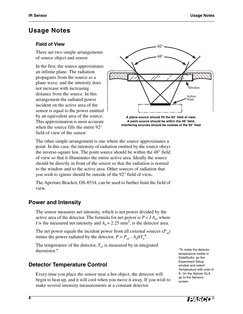 Usage notes, Power and intensity, Detector temperature control | PASCO PS-2148 IR Sensor User Manual | Page 4 / 10