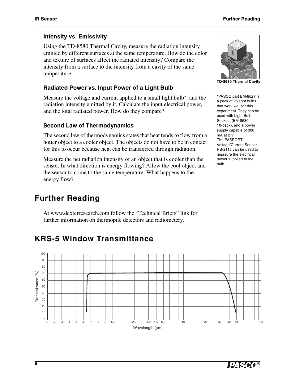 Further reading, Krs-5 window transmittance | PASCO PS-2148 IR Sensor User Manual | Page 8 / 10