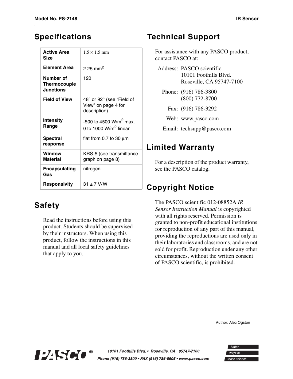 Specifications, Safety, Technical support | Limited warranty, Copyright notice, Specifications safety | PASCO PS-2148 IR Sensor User Manual | Page 9 / 10
