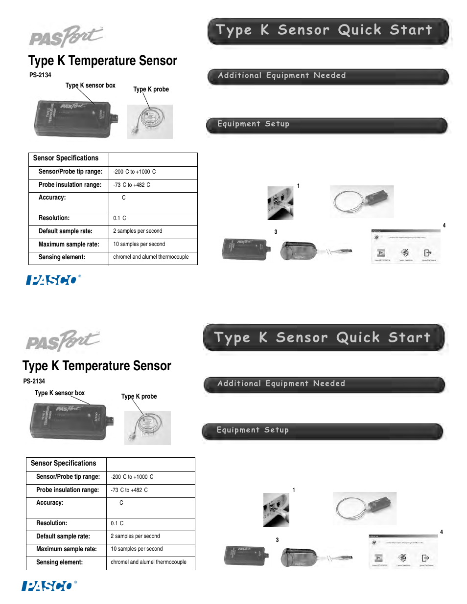 PASCO PS-2134 Type K Temperature Sensor User Manual | 3 pages
